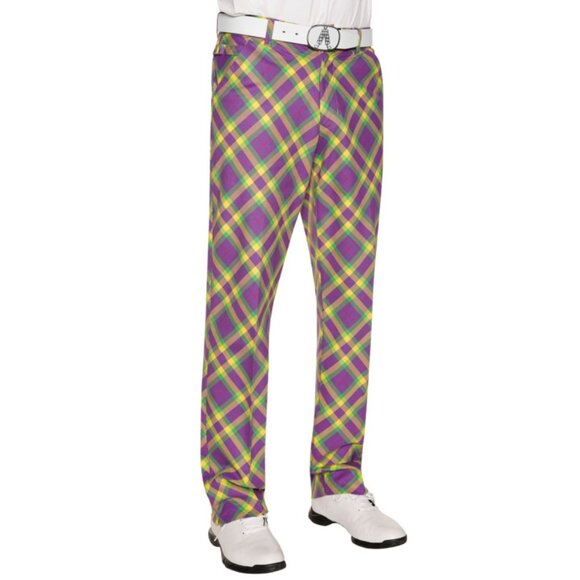 Royal & Awesome Men's Golf Pants Slim Fit Mardi Grass Golf Trousers Tartan Plaid - Picture 2 of 12